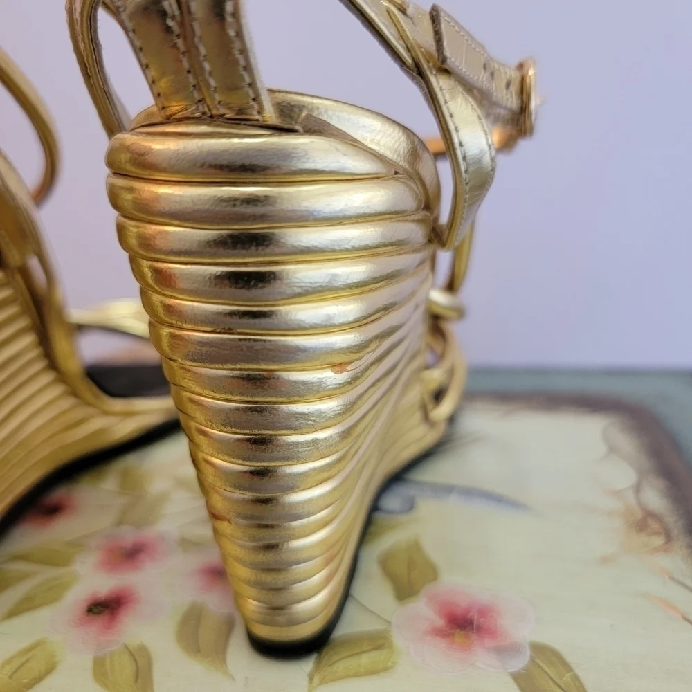 Pierre Hardy Gold Metallic Leather Wedge Strappy Sandal Size 36.5 - Picture 6 of 10